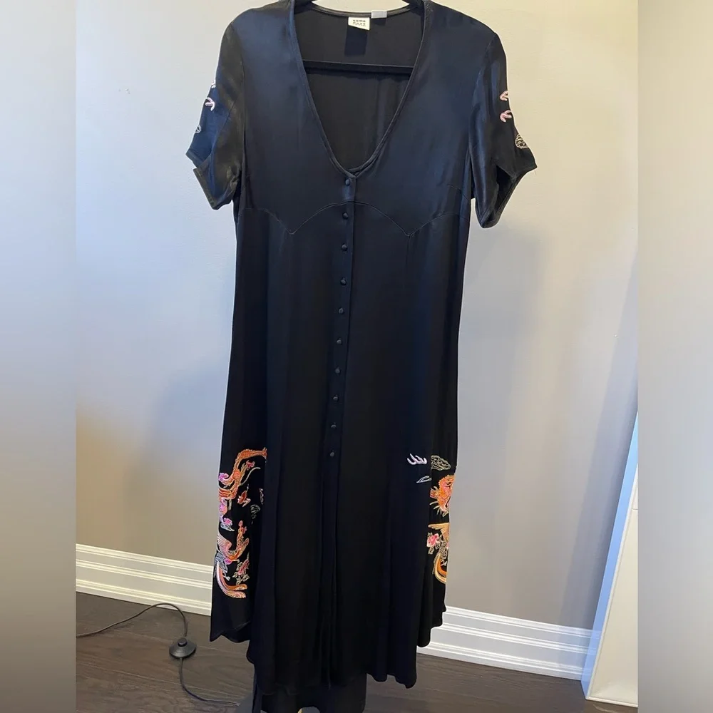Somedays Lovin Black Satin Button Front Midi Dress Dragon Bird Embroidered Asian - Picture 5 of 9